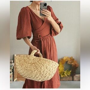 Women's Rust Wrap Midi Dress with Puff Sleeves